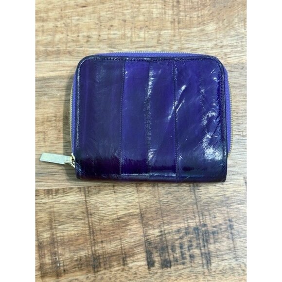 Purple Eel Skin BiFold Wallet Gold Toned Zipper Zip Around Snap Cards bills Vtg - Picture 11 of 11